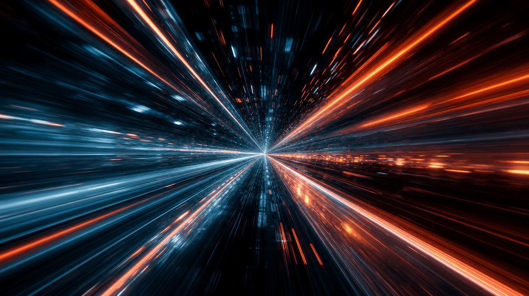 Abstract dramatic zoom: vanishing point perspective emphasized, extreme depth, acceleration implied, cinematic approach,