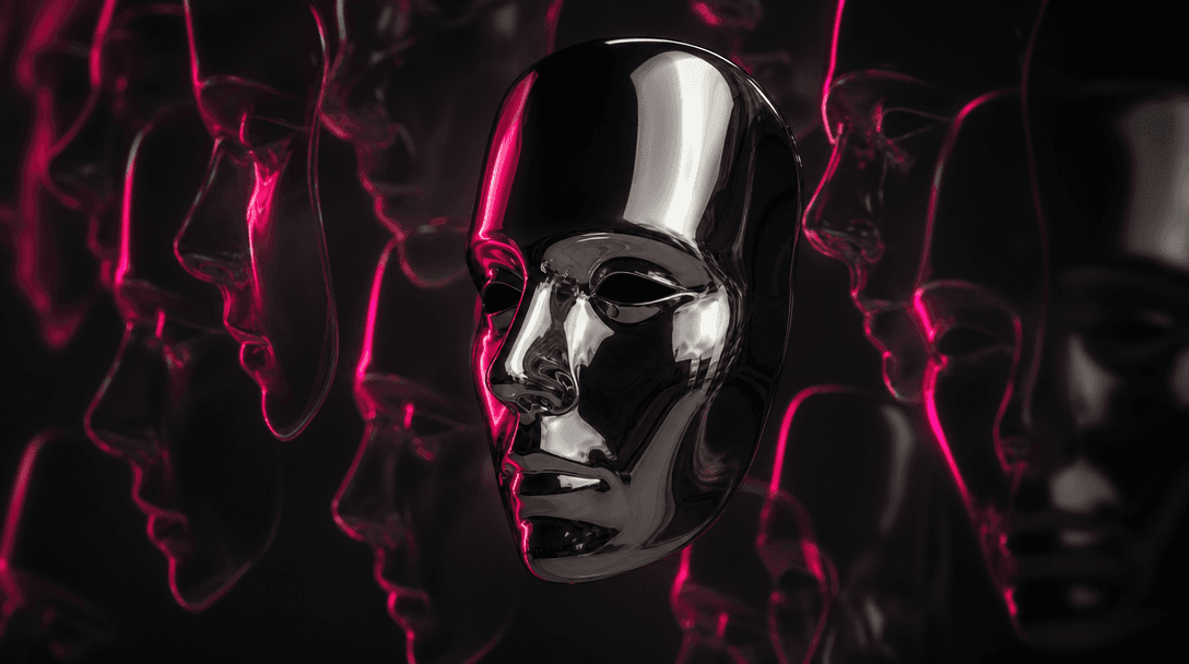 An atmospheric arrangement of a sculptural chrome portrait mask surrounded by repeated translucent silhouettes, all shar