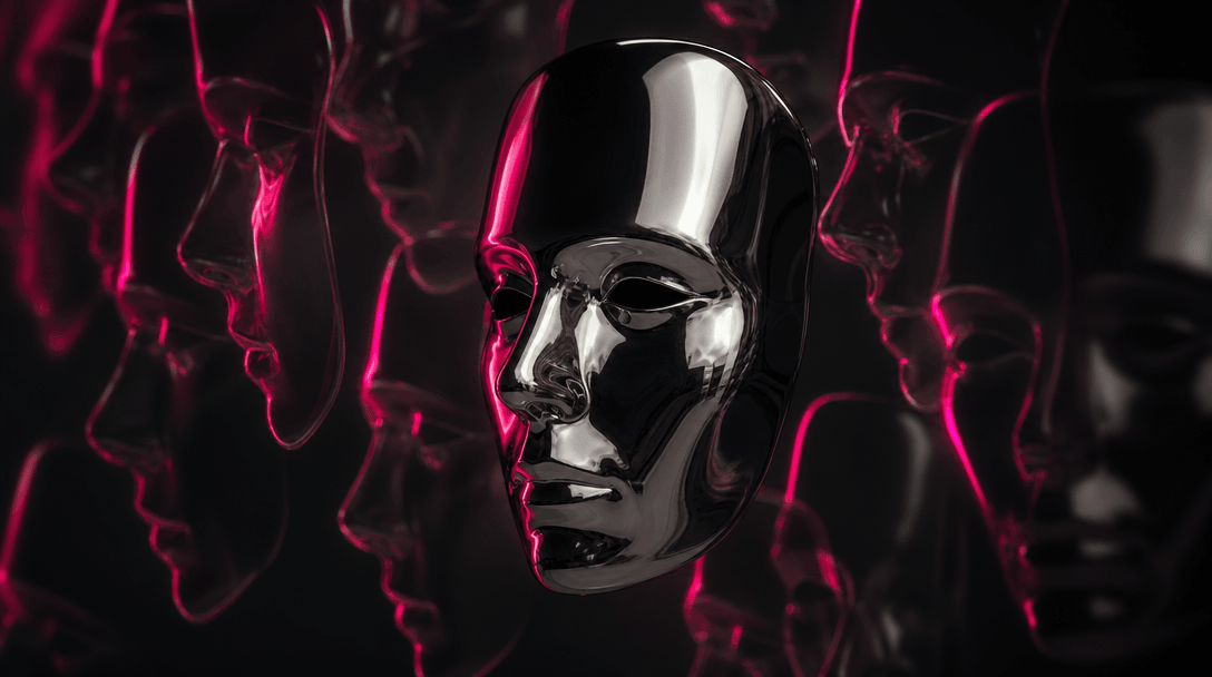 An atmospheric arrangement of a sculptural chrome portrait mask surrounded by repeated translucent silhouettes, all shar