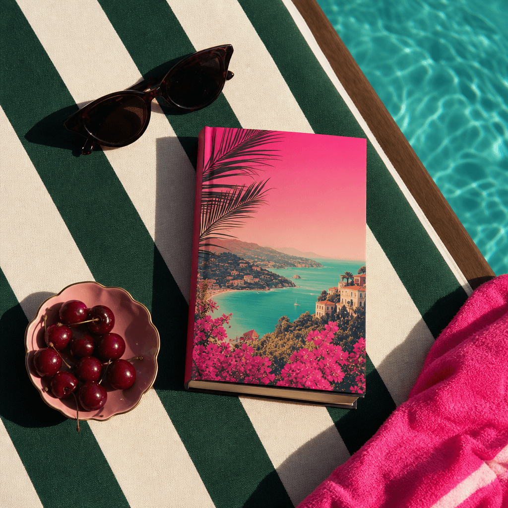 A colorful summer novel resting on a striped pool lounger with sunglasses and a small dish of cherries, elegant overhead