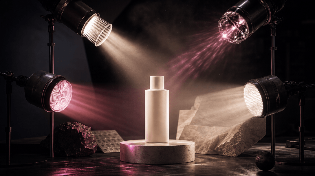 Four distinct beams of cinematic light pass through different textured lenses and converge on one unbranded product obje