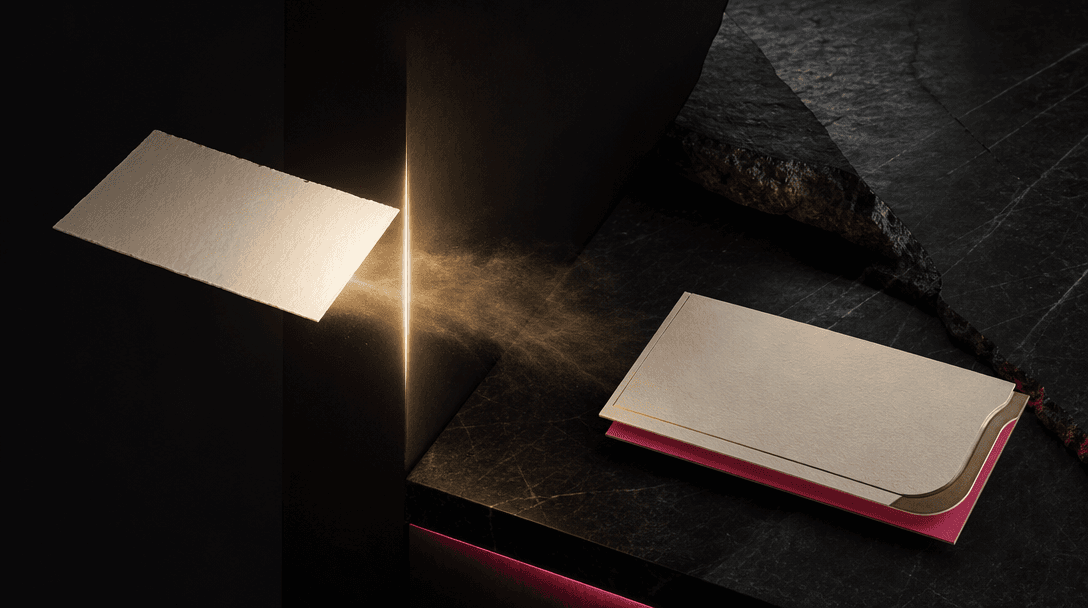 Abstract visualization of praise becoming visual proof: a plain cream paper fragment passing through a narrow beam of wa