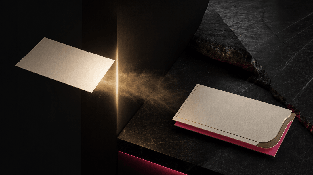Abstract visualization of praise becoming visual proof: a plain cream paper fragment passing through a narrow beam of wa