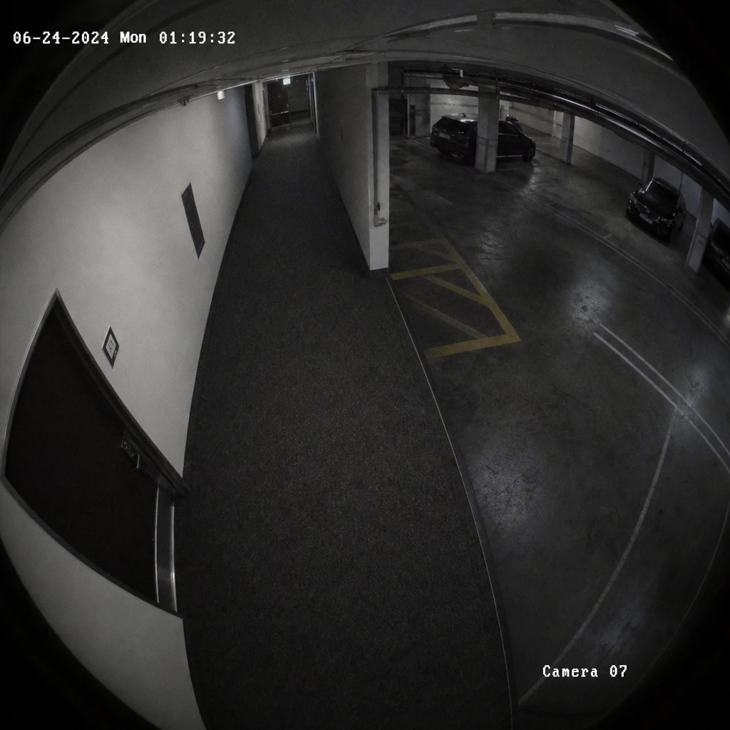 Fish-eye security camera lens effect with timestamp visible in corner, dark indoor space (parking garage interior or off
