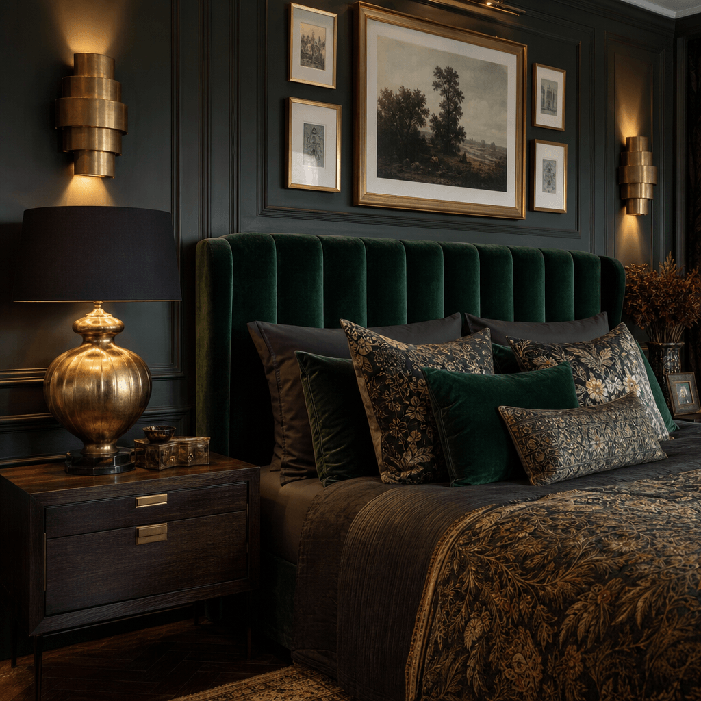 Luxury maximalist bedroom interior: deep emerald velvet headboard, layered brass accent wall sconces, richly patterned t