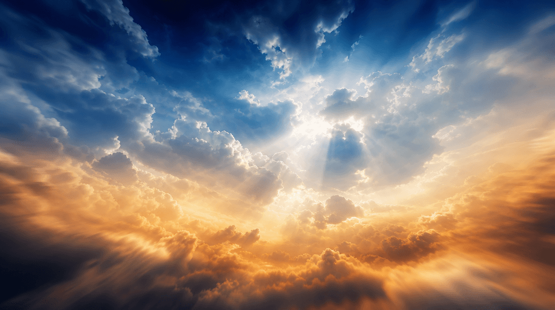 Abstract cinematic cloudscape: slow upward drift through stratified cloud formations, soft volumetric god-rays breaking