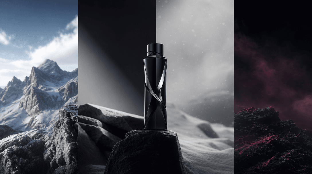 Four distinct cinematic lighting environments converging around one sculptural product form: cold alpine daylight, hard