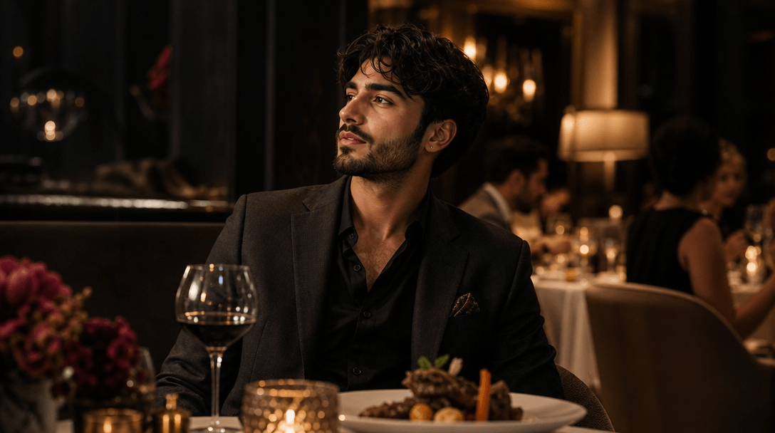 Luxury lifestyle scene transformation: person appearing in fancy restaurant setting with atmospheric lighting, elegant d