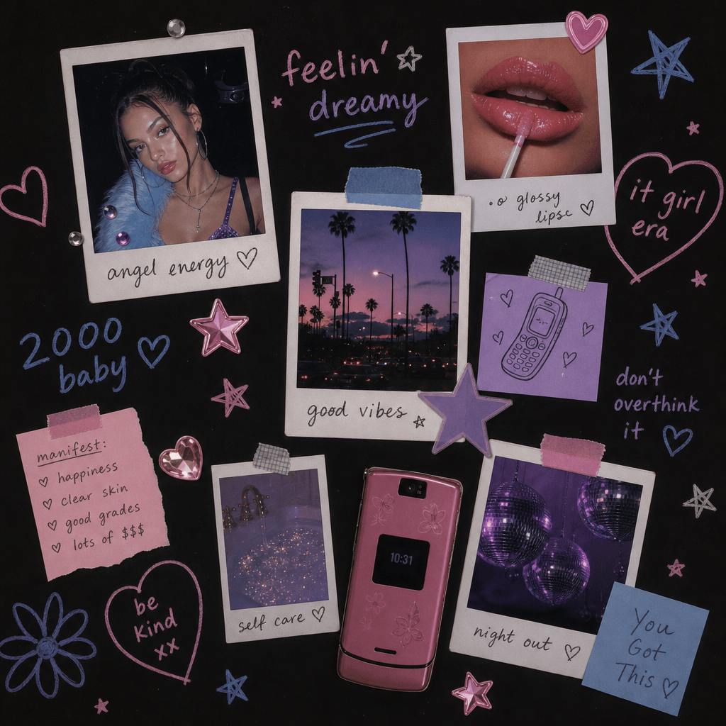 Y2K aesthetic mood board: polaroid-style photos, organic doodles, stars and hearts, pastel colors on deep dark backgroun