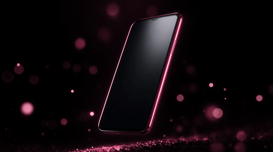 Wide atmospheric product photography. A sleek smartphone rising from absolute darkness, illuminated by a thin hot pink r