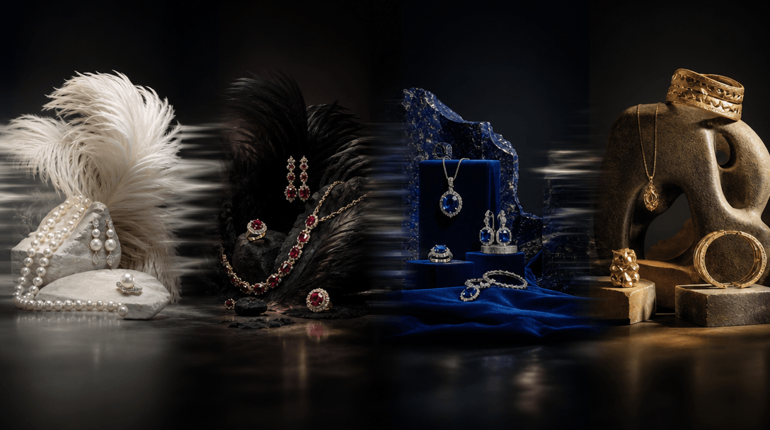 Four distinct jewelry campaign arrangements emerging from darkness across a long studio stage: pearl and white feathers,