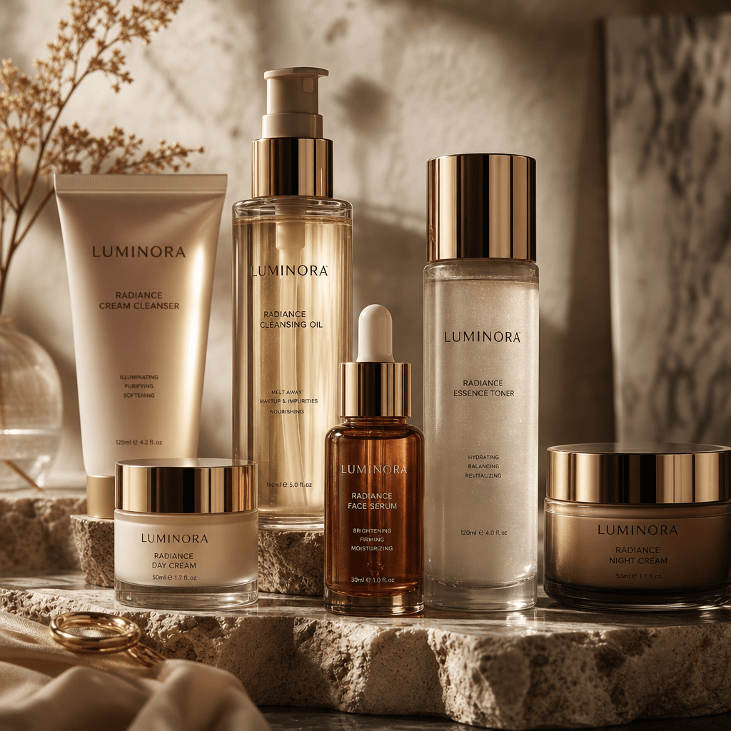 Beauty and cosmetics product still-life. Glass bottles, serums, and skincare jars clustered in artistic arrangement. War