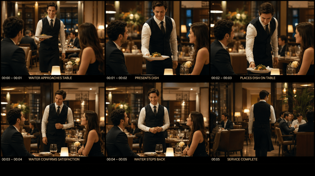 Multi-angle waiter service sequence in restaurant setting. Waiter approaches, presents dish, places on table. Warm light