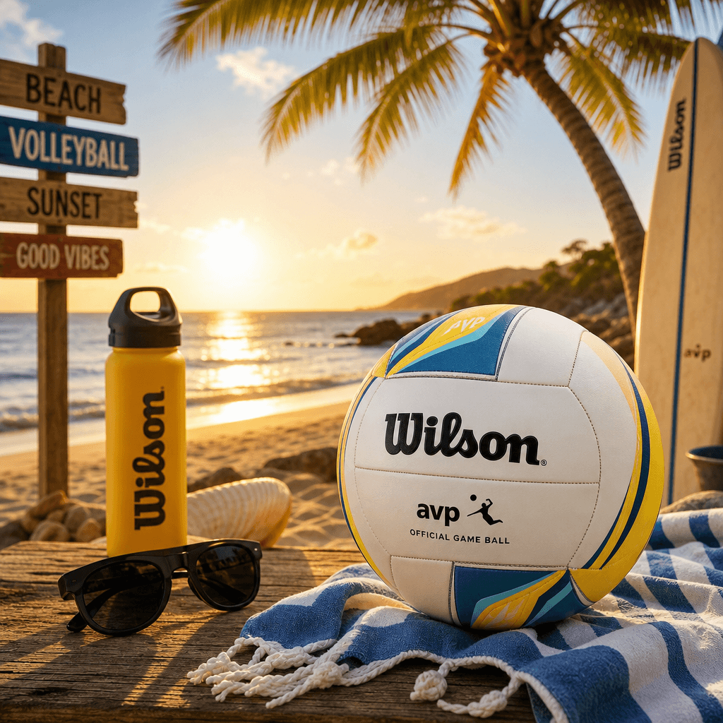 Summer seasonal product scene. Beach-themed sports product with ocean backdrop, palm trees, warm golden hour lighting. B