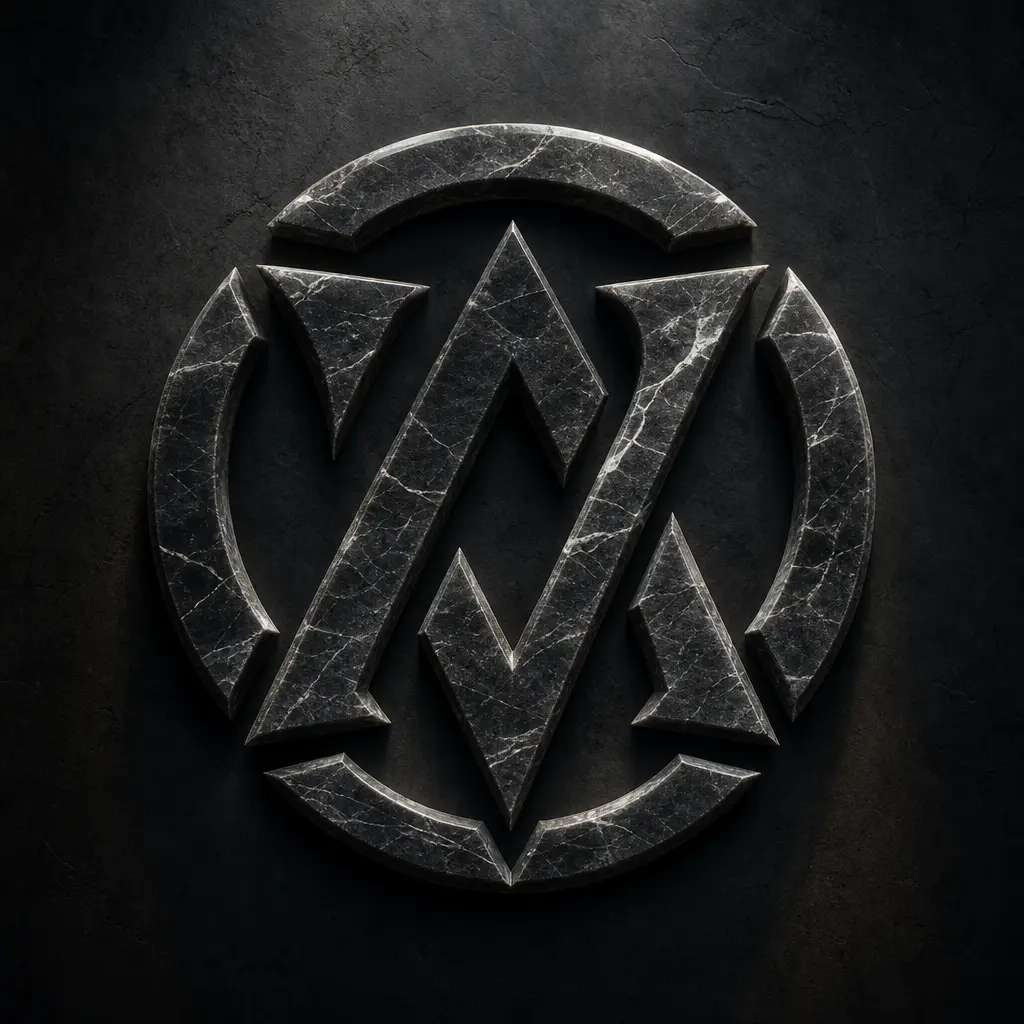 Abstract logo with marble stone texture, white veining, dark background with cinematic lighting showing dimensional carv
