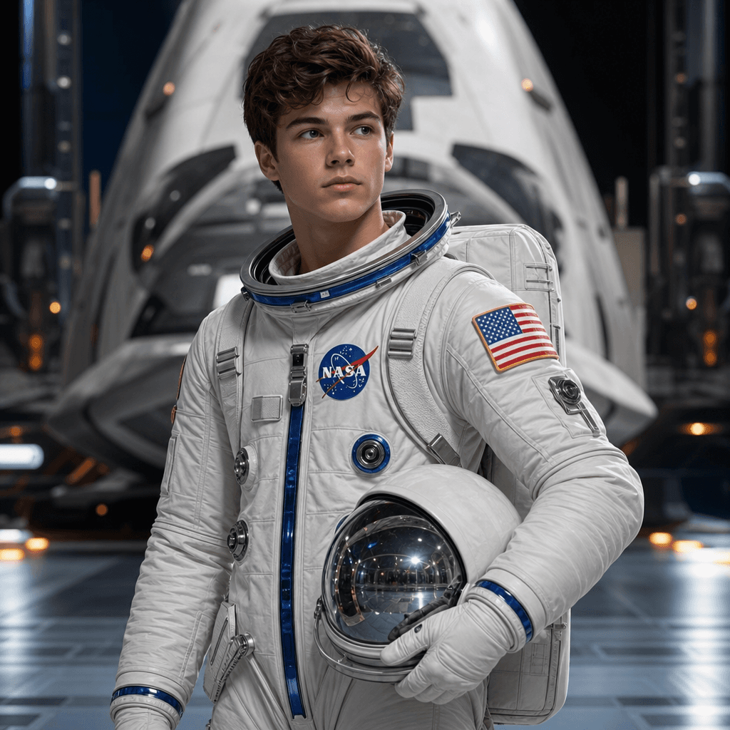 Child aged-up as an astronaut in NASA suit, standing in front of spaceship, professional studio lighting, futuristic spa