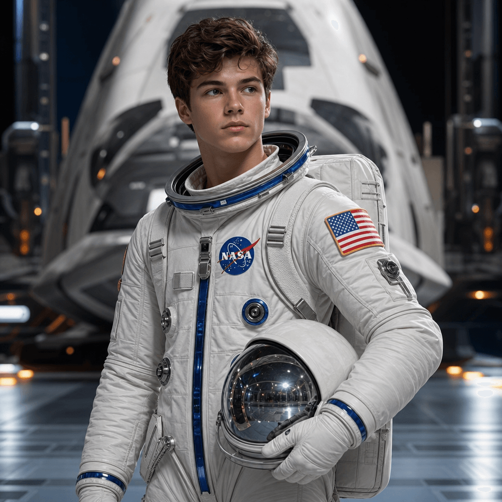 Child aged-up as an astronaut in NASA suit, standing in front of spaceship, professional studio lighting, futuristic spa