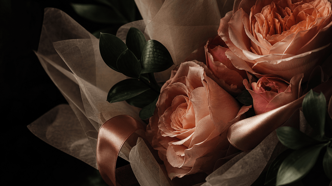 Macro editorial study of layered rose petals, translucent wrapping paper, satin ribbon, and dark green leaves emerging f