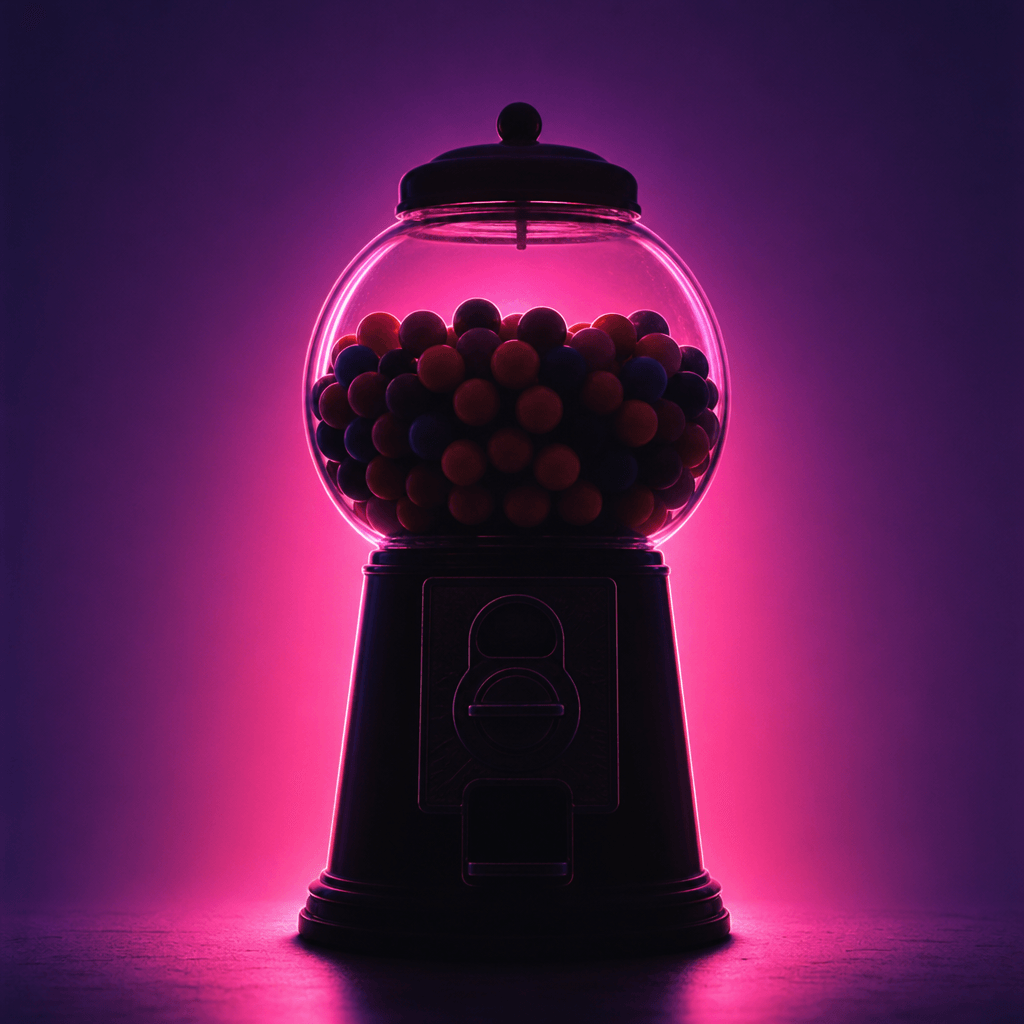 Retro 1970s-style gumball machine silhouette backlit by neon pink and purple lights. Dark studio background with gradien
