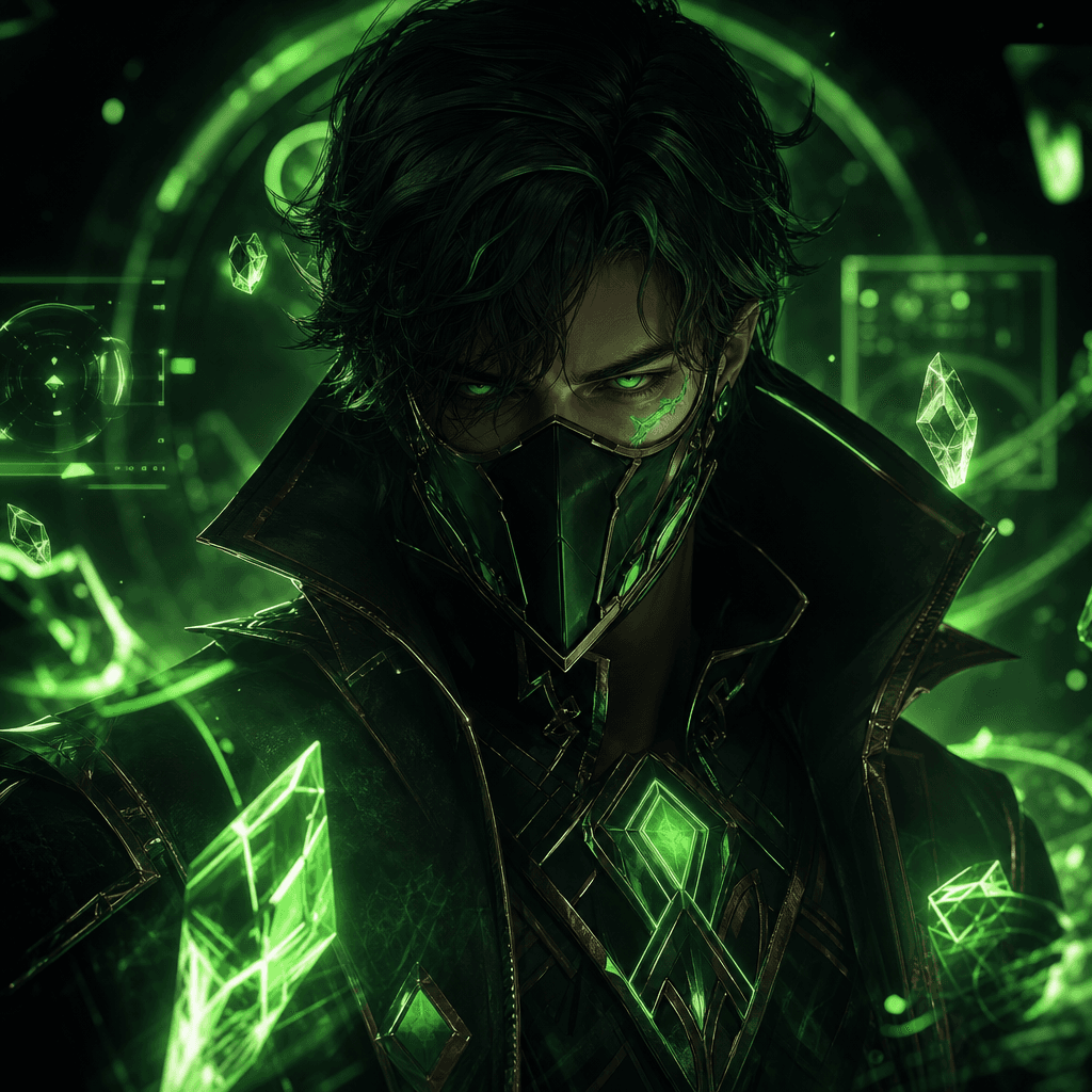 Gaming avatar with sci-fi green aesthetic. Neon crystal green accents, cinematic lighting, dimensional portrait, gaming-