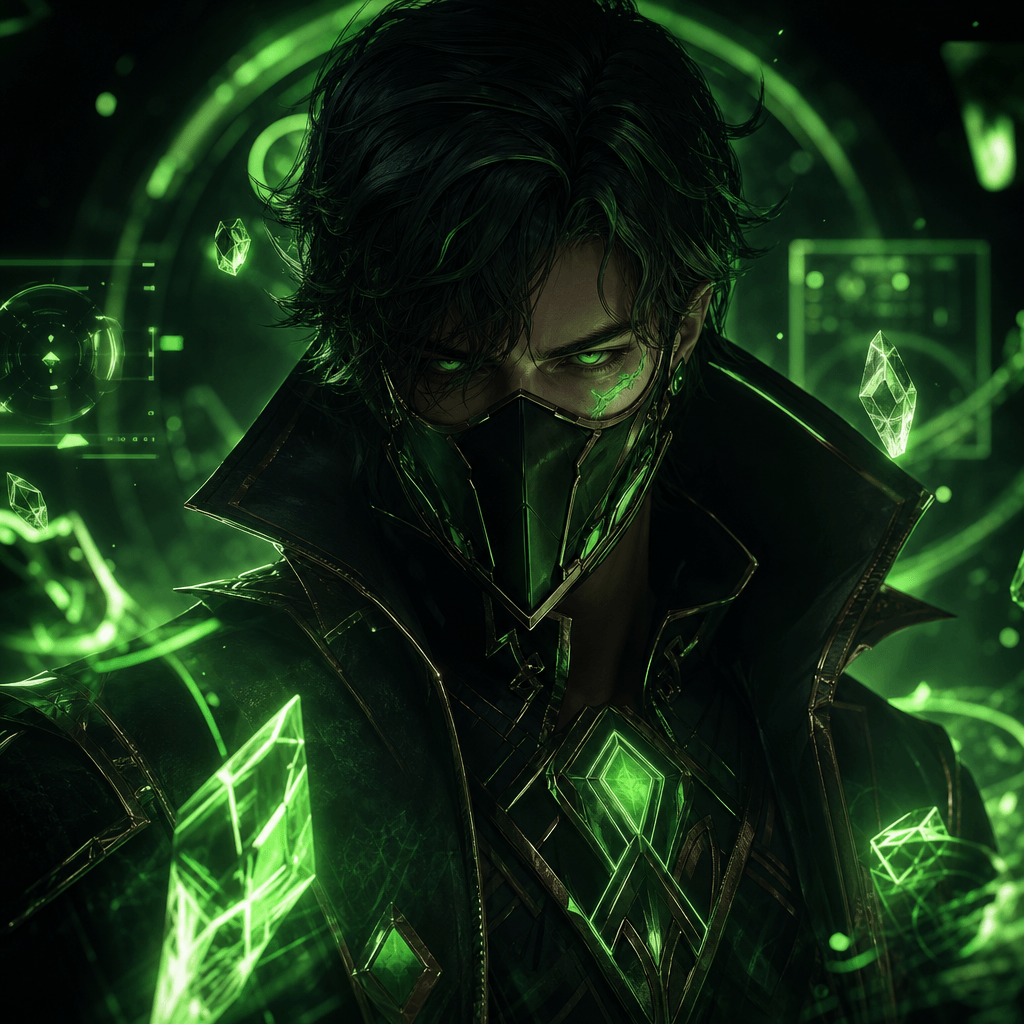 Gaming avatar with sci-fi green aesthetic. Neon crystal green accents, cinematic lighting, dimensional portrait, gaming-