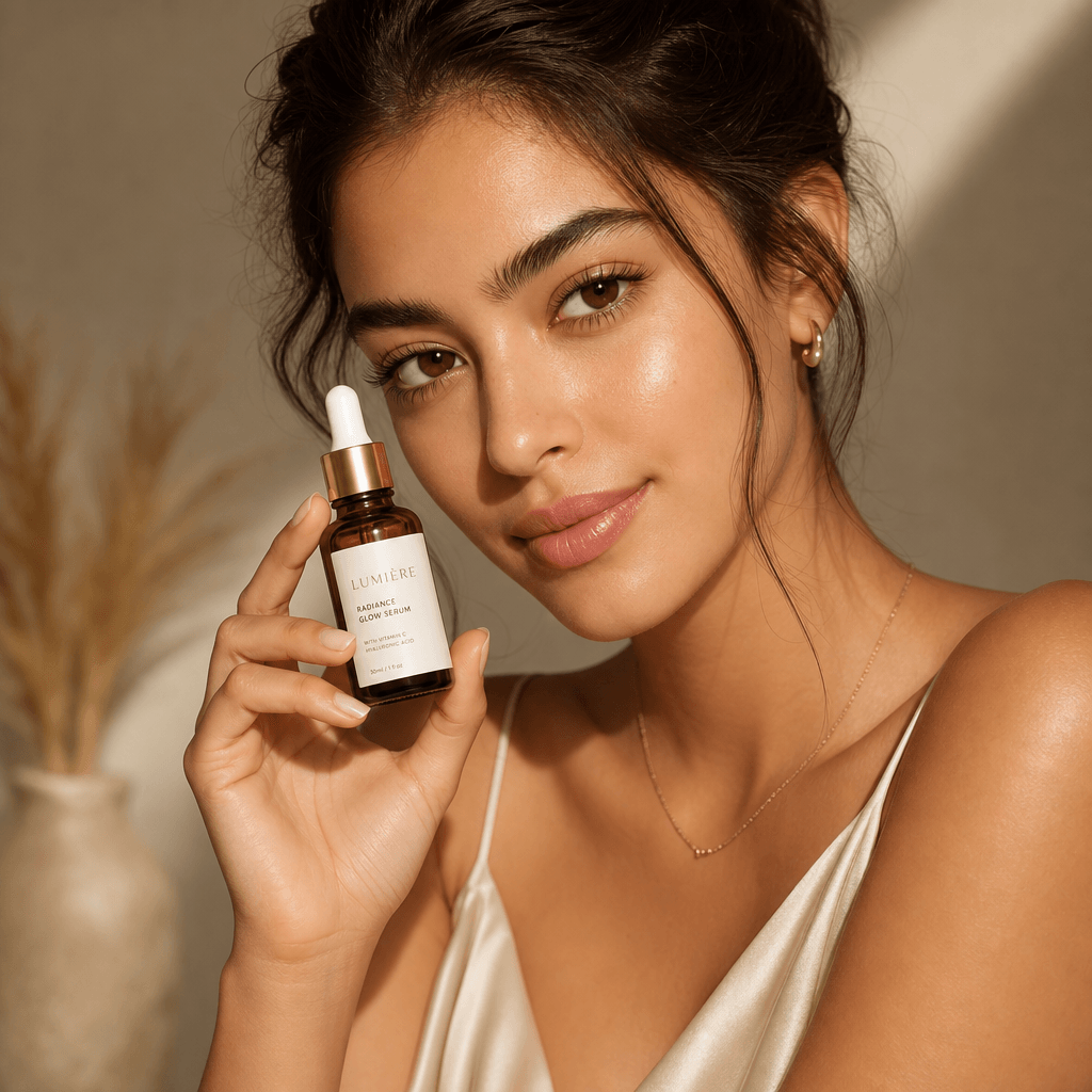 Product-focused portrait showing model with accessory or beauty item. Professional styling, editorial lighting, emphasis