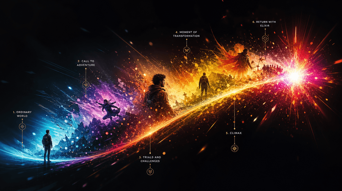 Explosion of vibrant colors and light particles creating narrative arc visualization, dynamic energy, editorial bold ill