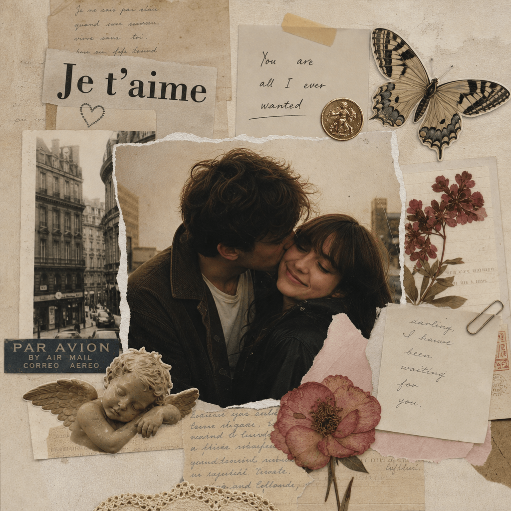 Handmade-style collage: cutout photos, vintage decorative elements, textured paper, intimate romantic composition, warm