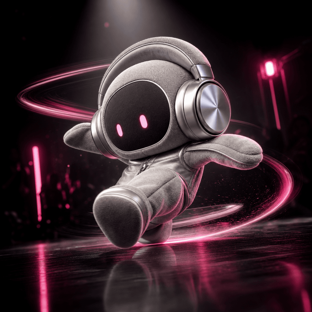 A futuristic plush mascot shaped from the design language of silver headphones spins through a dance battle, with soft m