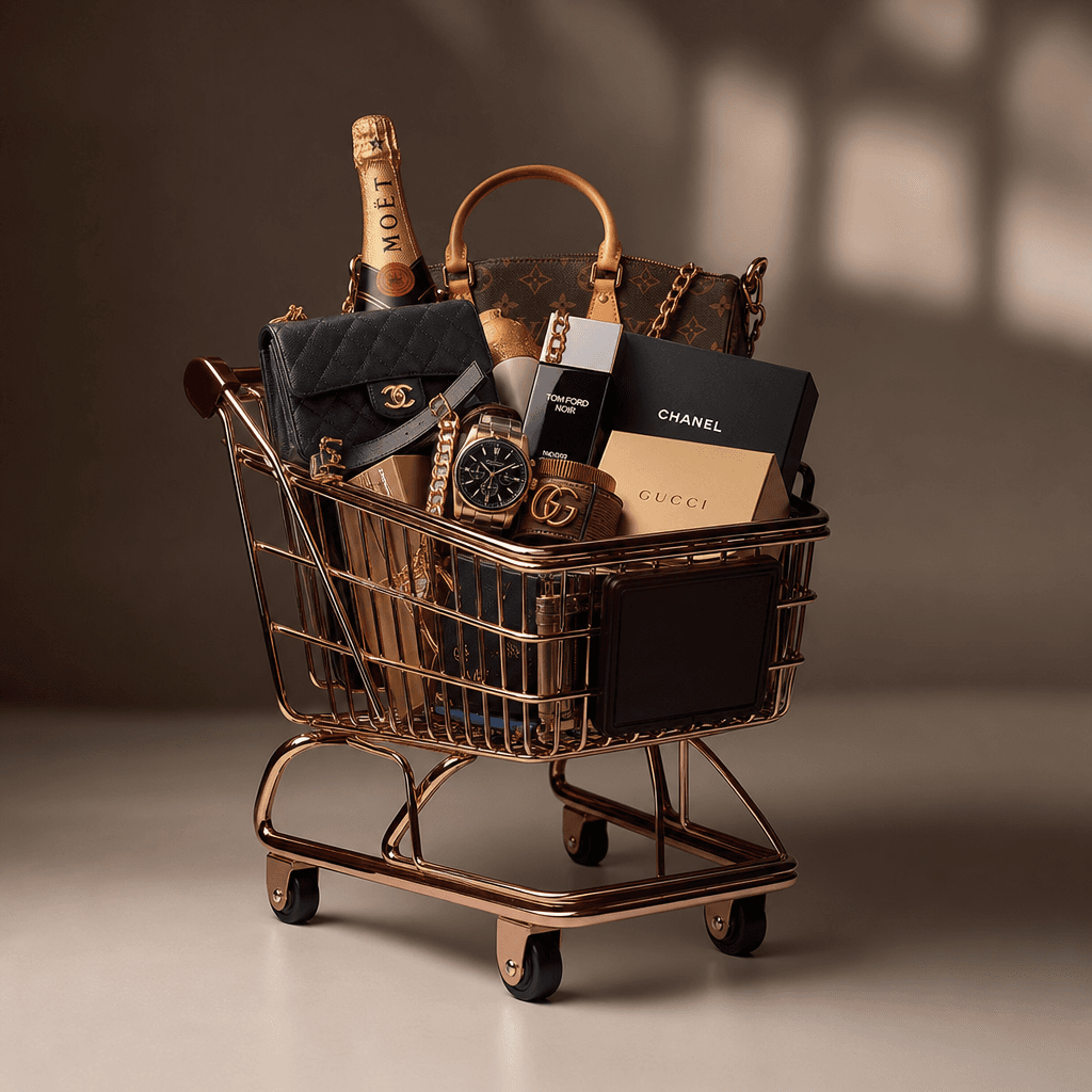Luxury items bundle in shopping cart, premium product photography, sophisticated lighting, professional editorial style.