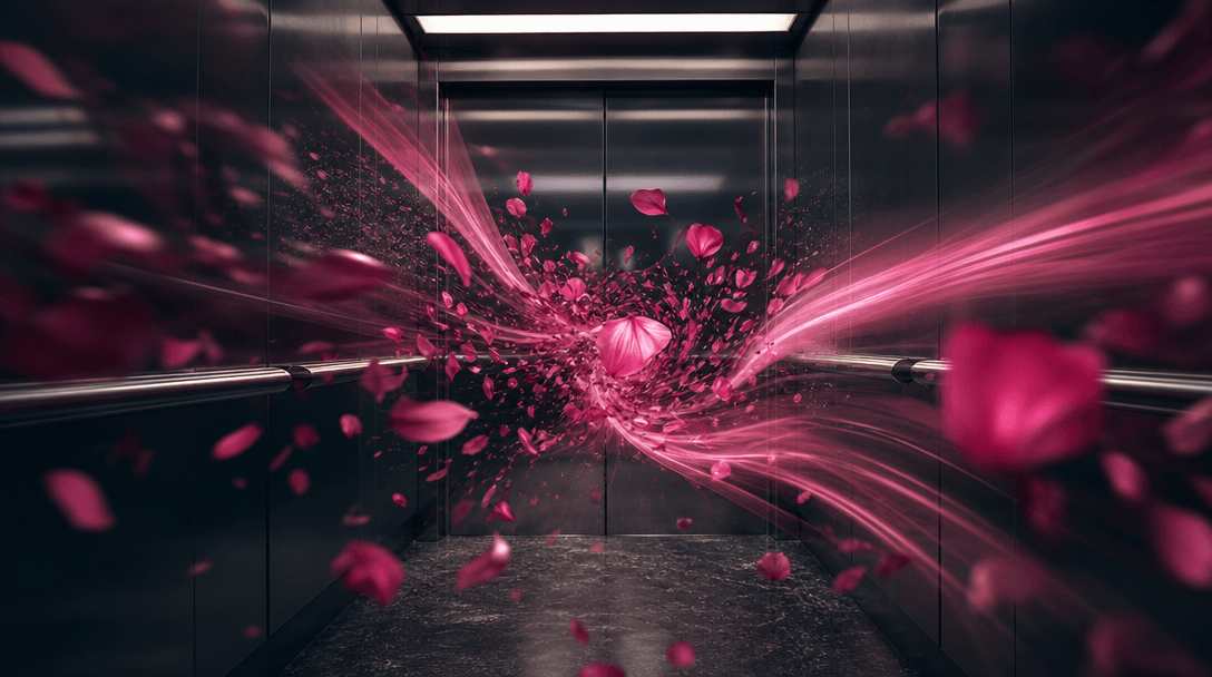 A still silver elevator interior transitioning into fluid cinematic motion, flower petals stretching into elegant motion
