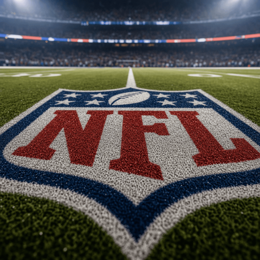 Close-up of a logo on field with dramatic low-angle perspective. Field lines leading away, stadium atmosphere, cinematic