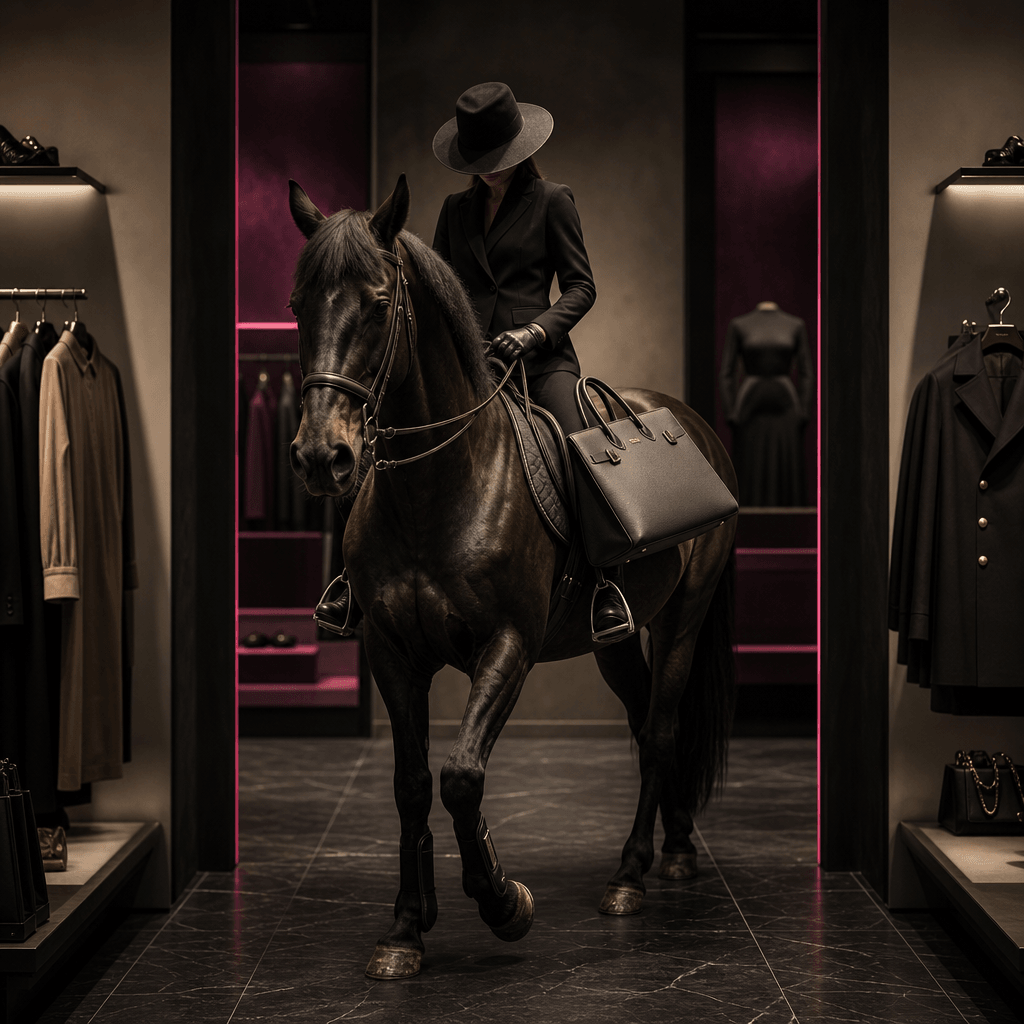 Square cinematic product campaign showing an anonymous horseback shopper crossing a minimalist luxury fashion boutique w