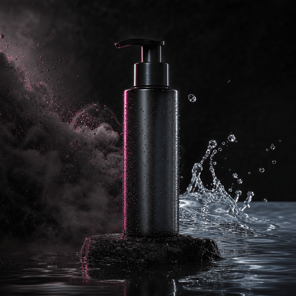 A premium unbranded cleanser bottle emerging between a field of smoky particles and a clean pool of clear water, suggest