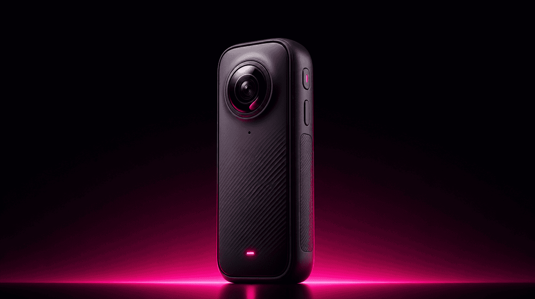 A vertical-format product hero composition — sleek consumer electronics device centered and sharply lit against a deep d