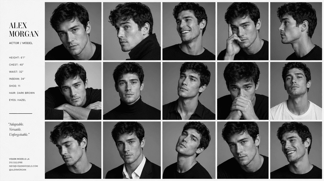 Multiple monochrome portrait poses arranged in grid, diverse angles and expressions, studio lighting consistency, magazi