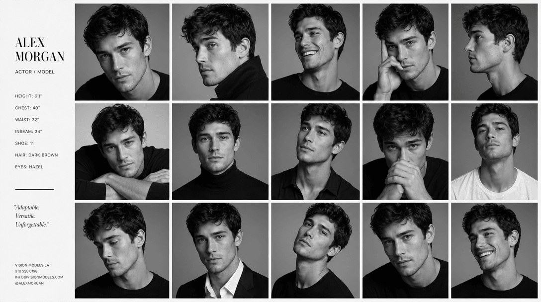 Multiple monochrome portrait poses arranged in grid, diverse angles and expressions, studio lighting consistency, magazi