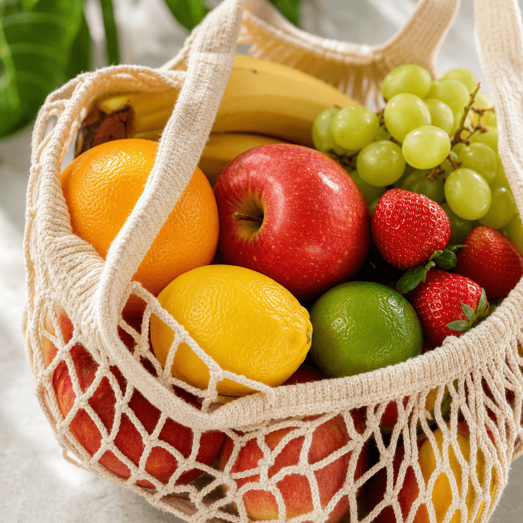 A close-up shot of a string bag filled with colorful fruits, highlighting the texture of the bag and the freshness of th