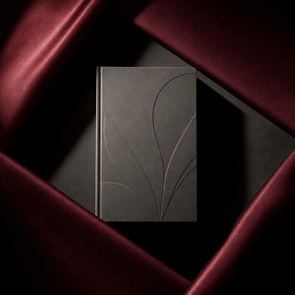 A minimalist literary novel revealed between angular folds of deep burgundy satin on a matte charcoal platform, hard cin