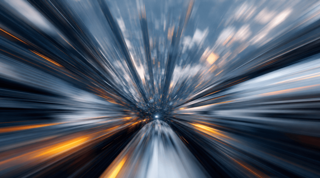 Abstract speed and motion: motion blur suggesting rapid descent, dynamic convergence lines, depth perspective, aerial sp