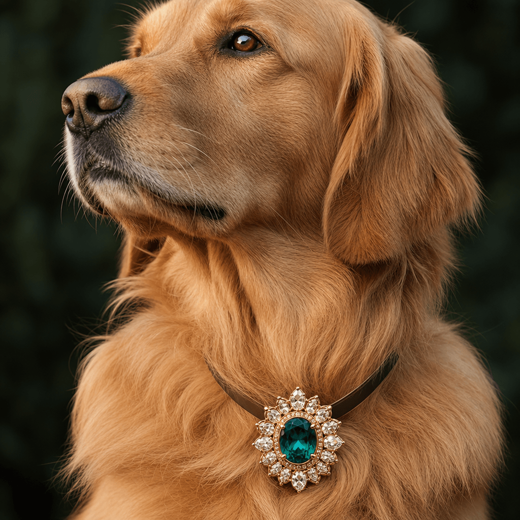 Statement ring on dog's collar area, professional product lighting, high-resolution detail, jewelry stands out, pet phot