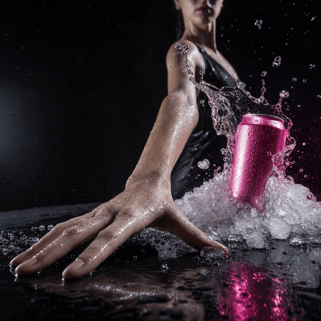 A bright beverage can resting in crushed ice while an impossibly extended hand reaches across a dark reflective tabletop