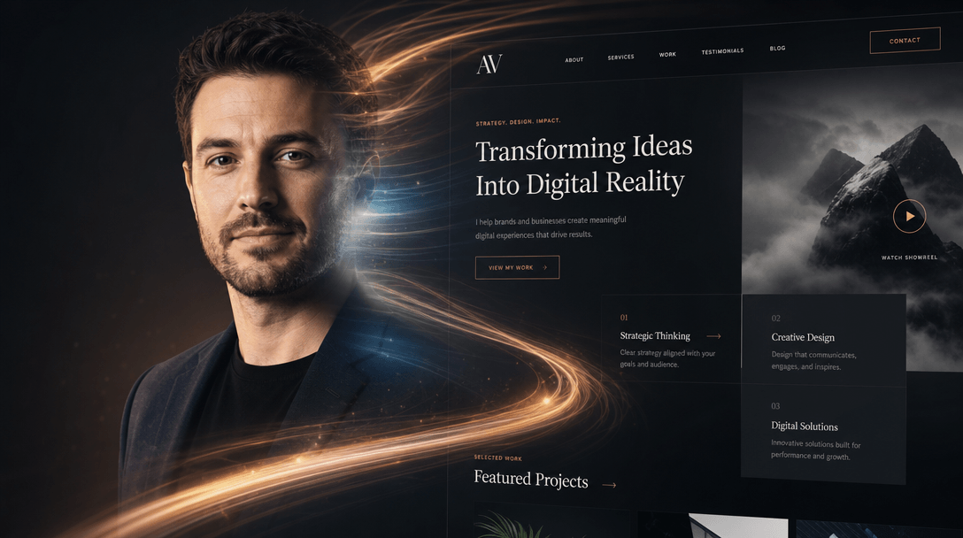 Abstract composition showing professional headshot and website screenshot merging together seamlessly, cinematic light t