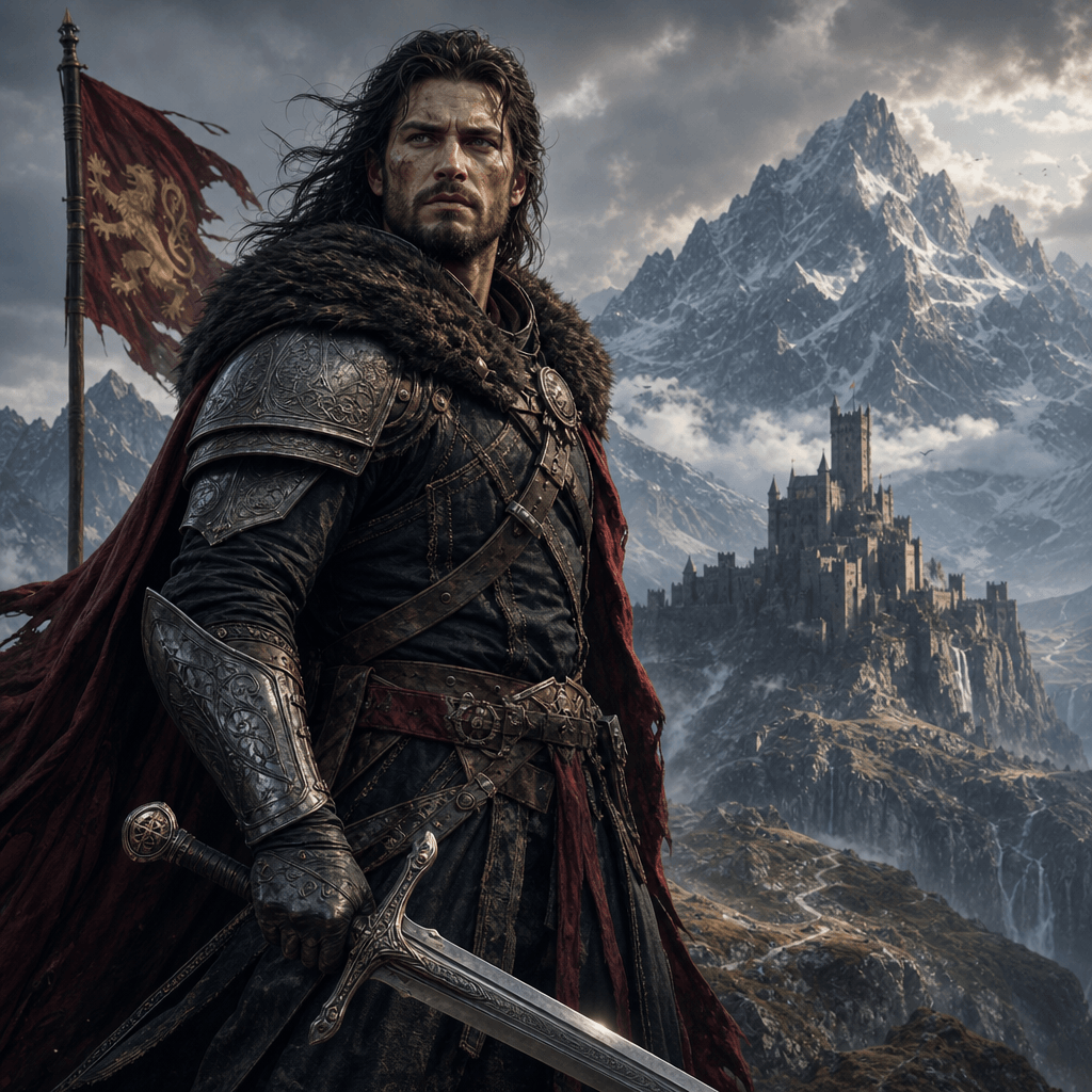 An epic fantasy warrior portrait of a male warrior wielding a sword, with a dramatic mountain landscape in the backgroun