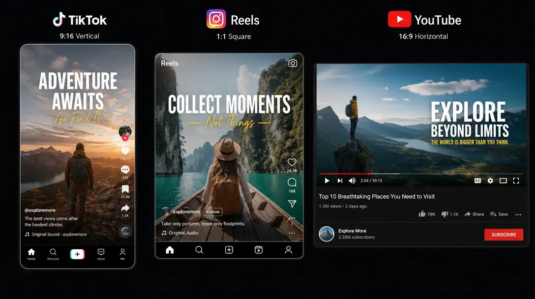 Multiple social media frames shown simultaneously - vertical TikTok, square Reels, horizontal YouTube - aspect ratio var