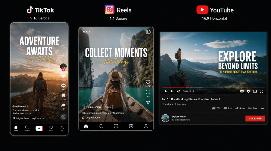 Multiple social media frames shown simultaneously - vertical TikTok, square Reels, horizontal YouTube - aspect ratio var