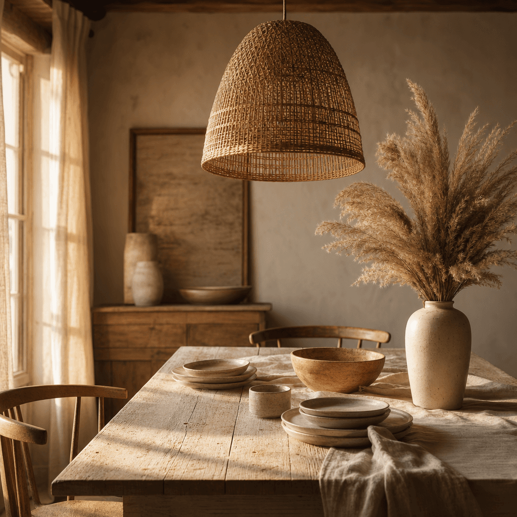 A woven rattan pendant light hanging above a rustic farmhouse dining table. Bleached wood table surface, raw linen visib