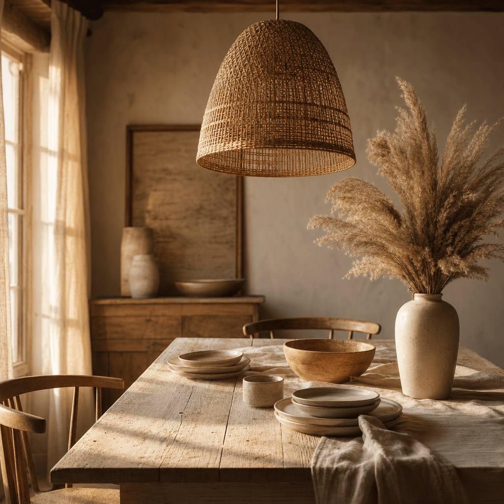 A woven rattan pendant light hanging above a rustic farmhouse dining table. Bleached wood table surface, raw linen visib