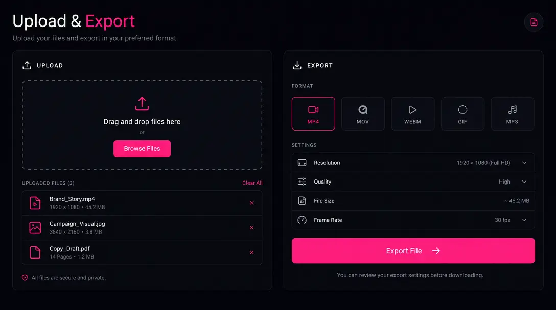 Upload and export interface concept with dark background near #0A0A0F. Hot pink #FE28A7 accent buttons, minimalist clean
