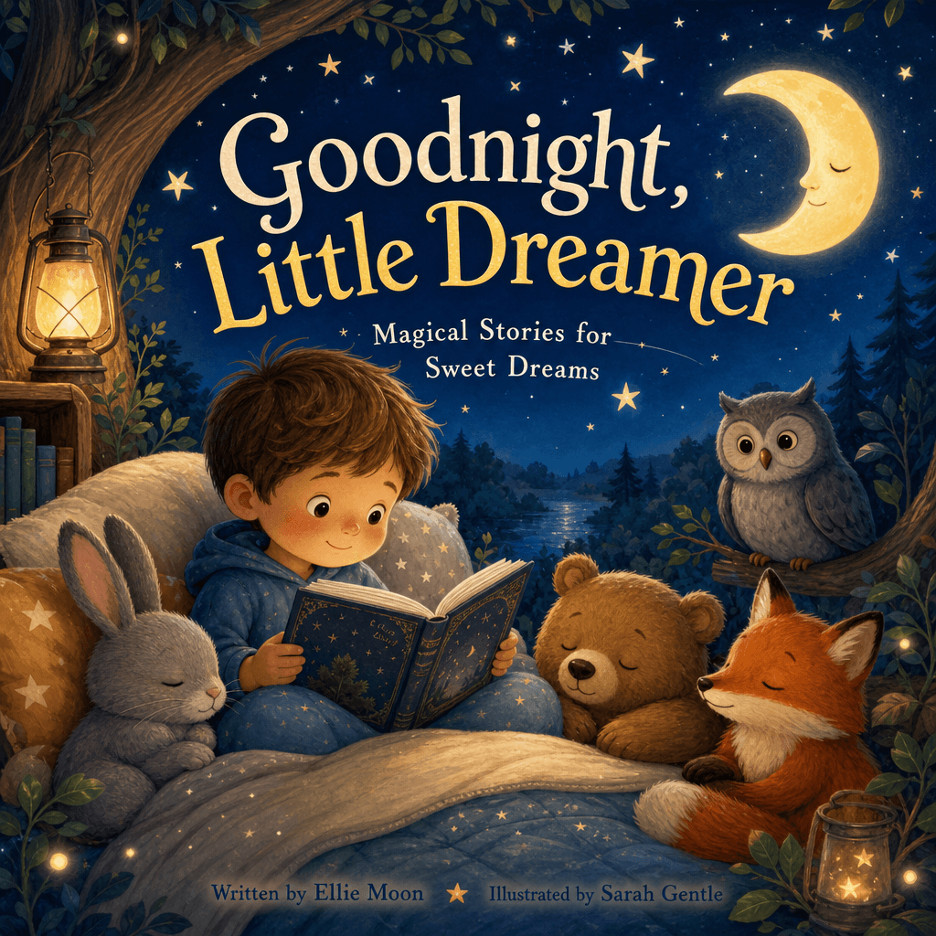 Bedtime story cover: Child in cozy, warm illustrated setting with moon, stars, and nighttime creatures. Soft illustratio